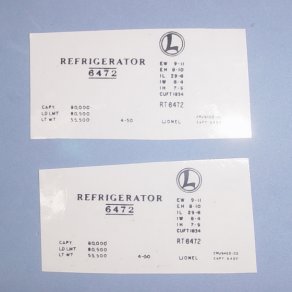  Lionel Train Part 6472-ADS Refrigerator Car Adhesive Decal Set. Lionel Train Parts, Lionel Train Repair Parts and Lionel Train Replacement Parts in stock for fast shipping.
